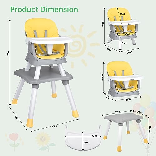 Baby High Chair, Timkos 8 in 1 Convertible Highchair Booster Seat, Building Block Table, Toddler Chair with 5-Point Safety Harness, Removable Tray, Soft PU Cushion (for 7-36 Months Babies)