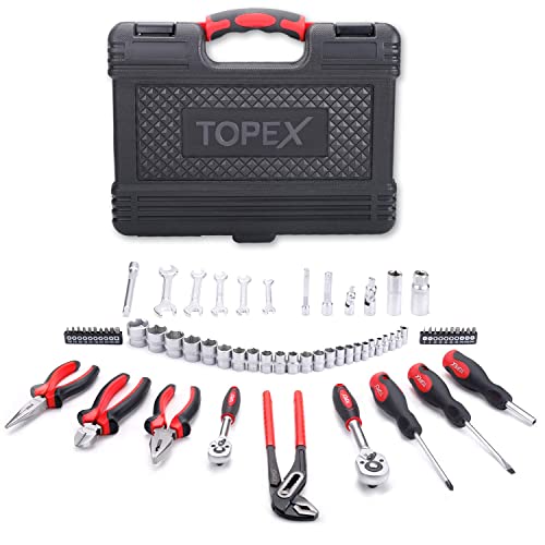 TOPEX 65-Piece Household Hand Tool Set Portable Home Auto Repair Kit Premium Quality w/Toolbox Storage Case/Mechanic Hand Tool Set