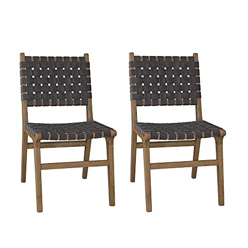 Ball & Cast Dark Grey Faux Leather Woven Strips Kitchen Dining Chair Living Room Side Chairs, 18 Inch K/D Set of 2