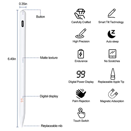 Zosylala Stylus Pen for iPad with Power Display,Palm Rejection,Comptable with Apple iPad 10th/9th/8th/7th/6th Gen,iPad Air 3rd/4th/5th Gen,iPad Mini 5/6th Gen,iPad Pro(2018-2023)-White