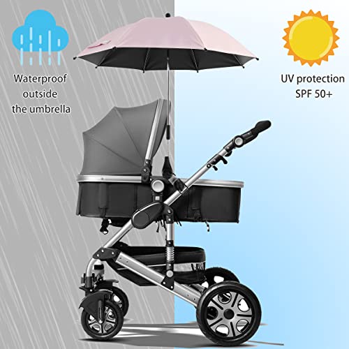 Baby Stroller Umbrella 360° UV Protection Pram Umbrella Universal Baby Stroller Parasol with Adjustable Clamp and Flexible Arm Waterproof Baby Carriages Umbrella for Bike Wheelchair Beach Chair sw (85cm pink)