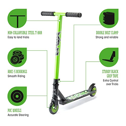 Xootz Brainache Kids Scooter, Boys and Girls Kick Scooter, Entry Level, Children’s Beginners T-Bar Stunt Scooter, Stylish Grip Tape Deck, Ages 5+, Green