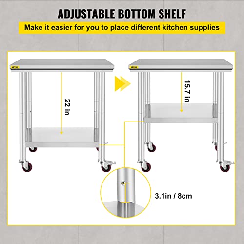 Mophorn Stainless Steel Catering Work Table 76(L) x60(W) x80(H) cm Commercial Work Table with 4 Wheels Commercial Food Prep Workbench with Flexible Adjustment Shelf for Kitchen Prep Table