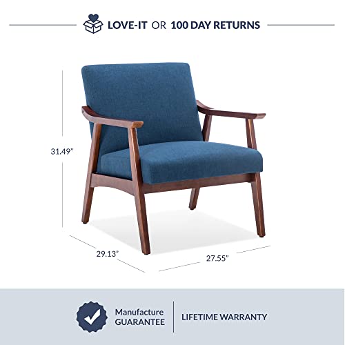 BELLEZE Mid-Century Modern Accent Chair Upholstered Linen Fabric Armchair with Wooden Frame Legs, Cushioned Seat and Backrest for Living Room - Bianca (Navy Blue)