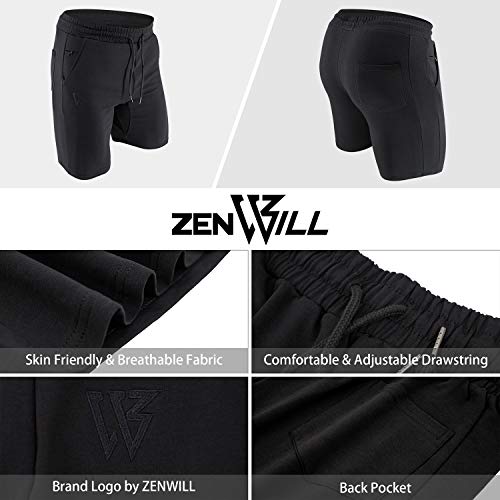 ZENWILL Mens Gym Running Shorts, Workout Athletic Bodybuilding Fitness Shorts with Zip Pockets (Large,Black)