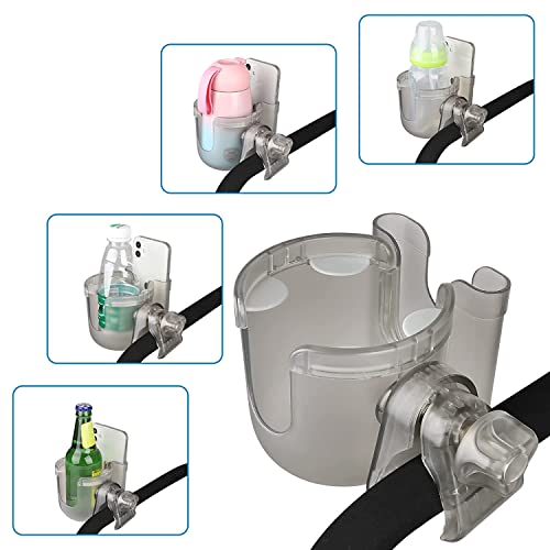 Stroller Cup Holder and Phone Holder/ Organiser, Universal Pram Cup Holder, 2-in-1 Baby Mobile and Bottle Holder for Stroller/ Pram , Bike, Wheelchair, Walker, Golf Cart, Scooter, Transparent Grey