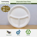 EcoHousing [10-Inch 50-Pcs] 3-Compartment Disposable Plates, Strong, Biodegradable, Microwave Safe, Recyclable, Made of Sugarcane Fibers, Perfect for Party or Picnic