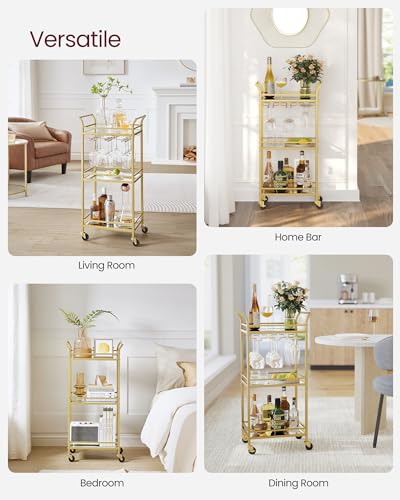 VASAGLE Bar Cart Gold, Home Bar Serving Cart, Small Bar Cart with 3-Tier Mirrored Shelf, Wine Holders, Glass Holders, Mini Bar Cart for Small Spaces, Gold ULRC091A62