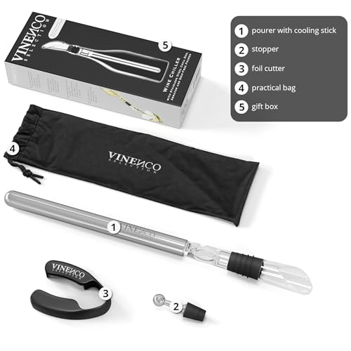 (1.) Wine Chiller Set) - VINENCO Wine Chiller Set + Foil Cutter, Stopper, Storage Pouch & Ebook - Premium 3-in-1 Stainless Steel Bottle Cooler Stick, Decanting Aerator & Drip-Free Pourer Design Bar Accessory Gift Men Women