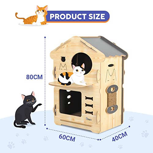 2 Layer Large Wooden Cat House Condo Indoor Kitty Scratching Playhouse Durable for Cats Rabbit