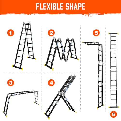 3.7M/4.7M/5.7M/6.7M Mult-Purpose Aluminium Folding Ladder Alloy Non-Slip Step Ladder Adjustable Extension Flexiable Working Platform Household 150Kg Loading (4.7M)