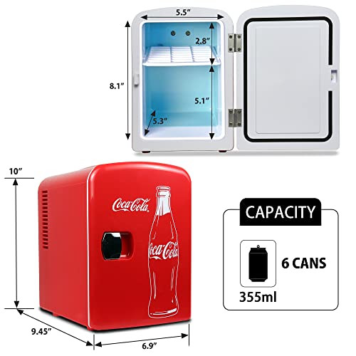 Coca-Cola Classic Portable 6 Can Thermoelectric Mini Fridge Cooler/Warmer, 4 L/4.2 qt, Red, for Home, Dorm, car, Boat, Beverages, Snacks, Skincare, Cosmetics, Medication