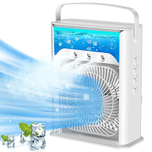 Portable Air Cooler 4-In-1 Mini Mobile Air Conditioner Fan, Air Cooling Fan and Humidifier, 7 Colors LED Night Lights with 3 Fan Speeds Personal Evaporative Coolers, Air Conditioning for Home Office