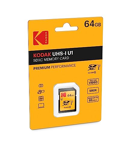 KODAK Premium Memory Card 64GB, 85MBs Read Speed, 25MBs Write Speed for Full HD Video and High-Resolution Pictures, Compatible with SDHC and SDXC Standards - EKMSD64GXC10K