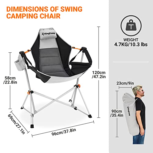 KingCamp Hammock Camping Chair Swinging Rocking Chair for Adults Lawn Beach Camp Outside Portable Folding Chair Hold Up to 300lbs with Adjustable Back Support Carrying Bag Cup Holder (Grey/Black)