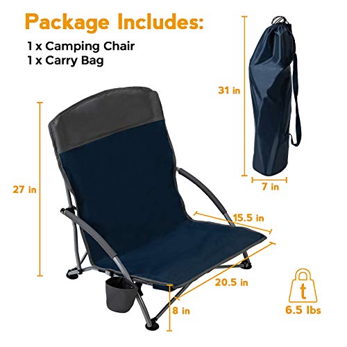 Pacific Pass Lightweight Camp and Beach Chair w/Built-in Cup Holder, Includes Carry Bag - Navy/Gray