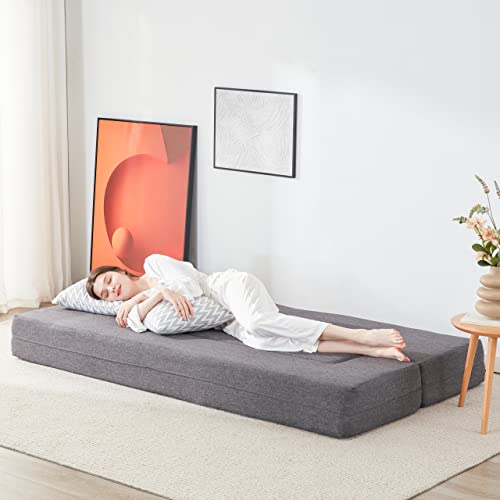 Lazyzizi Floor Sofa Bed, Fold Out Couch Bed with 2 Pillows & Washable Cover Convertible Sleeper Folding Sofa Bed Mattress for Living Room, Guest Bed, Playroom 8inches Twin