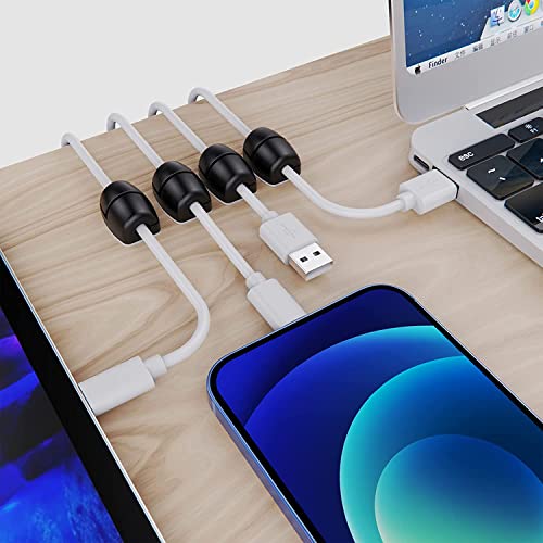 SOULWIT 16Pcs Barrel-shaped Cable Holder, Cable Management Sticky Cord Organizer Clips Silicone Self Adhesive for Desktop Bedside USB Charging Cable Power Cord Wire PC Office Home (Black)