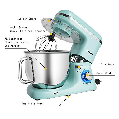 Aucma Stand Mixer,7L Tilt-Head Food Mixer, 6 Speed Electric Kitchen Mixer with Dough Hook, Wire Whip & Beater 1400W (7L, Blue)