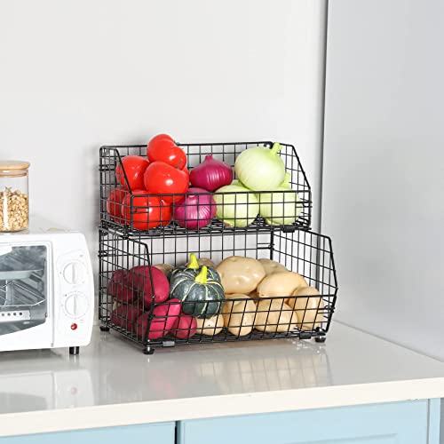 Fruit Vegetable Basket 2-Tier Wall-mounted Wire Storage Baskets Countertop Detachable Stackable Bin Kitchen Organizer Pantry Basket for Snack Canned Foods Potato Onion Storage Cabinet