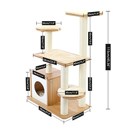 PAWZ Road Multi-Level Modern Cat Tree Full Wrapped Sisal-Covered Scratching Post Luxury Cat Towers Furniture with Large Condo 115CM（Beige）