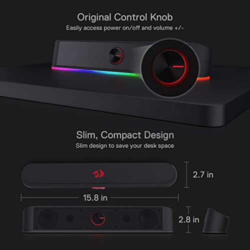 Redragon GS560 Adiemus RGB Desktop Soundbar, 2.0 Channel Computer Speaker with Dynamic Lighting Bar Audio-Light Sync/Display, Touch-Control Backlit with Volume Knob, USB Powered w/ 3.5mm Cable