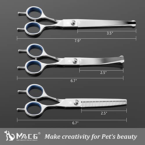 Professional Dog Grooming Scissors Set with Safety Ronud Tip, MAOCG Twin-Tail Thinning, Curved, Straight Shears and Comb for Dogs & Cats, Sharp and Durable, Suitable for Lefty and Righty