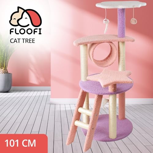 Floofi 101cm Galaxy Plush Multi-Level Cat Condo Cat Tree Play House Tower Scratching Post Pink Purple