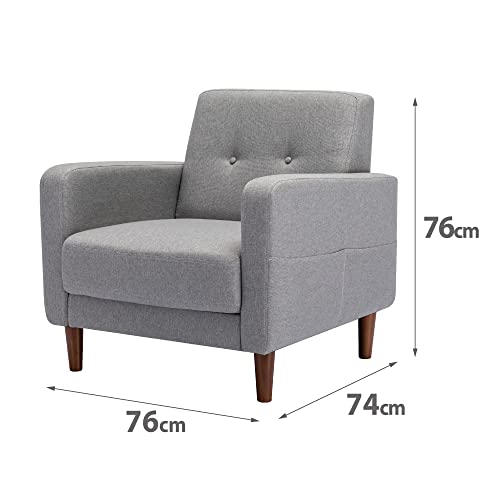 Zinus Adair Mid-Century Modern Armchair with Armrest Pockets, Tufted Linen Fabric, Light Grey