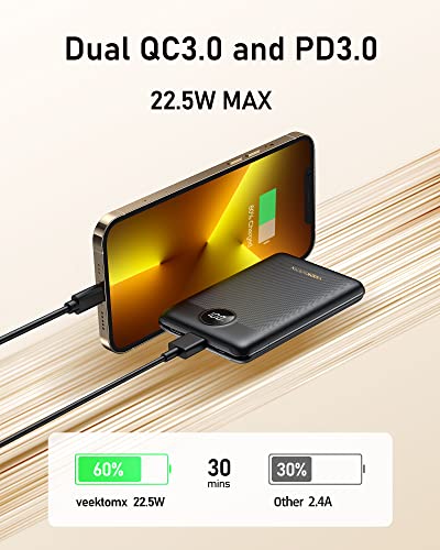 VEEKTOMX Mini Power Bank 10000mAh, 22.5W USB C Compact Portable Charger [2023 Upgraded Version] with PD 3.0, QC, Fast Charge Phone Battery Pack, Small External Battery for iPhone/Samsung (Black)