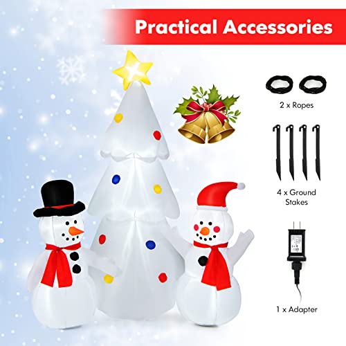 Tangkula 6 FT Inflatable White Christmas Tree with Snowman, Lighted Blow up Xmas Tree, Self Inflating Christmas Decor w/ LED Lights, Built-in Sandbags, Indoor Outdoor Yard Decoration for Garden, Lawn