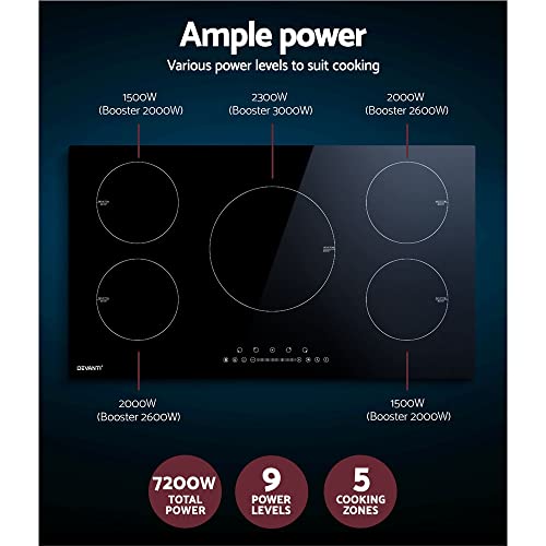 Devanti Induction Cooktop, Ceramic Glass Portable Cookware Cooker Super Powerful Electric Stove Plate Home Kitchen Appliance, With 5 Cooking Zones Touch Control Panel Black