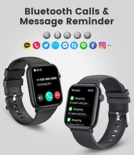 Smart Watch Men Women Bluetooth Answer Make Call for Android iOS Phone 123 Sport Modes Fitness Activity Tracker 1.85"Square Screen Heart Rate Sleep Monitor IP67 Waterproof Black Silicone Smartwatch