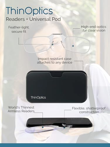 ThinOptics Reading Glasses And Pod Case 2.00 Strength Black Frames, Black Case