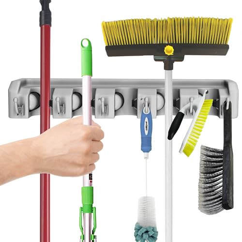 Wall Organizer with Adjustable Slots and Hooks - Wall-Mounted Tool and Broom Holder - Organization and Storage for The Kitchen and Garage by Stalwart