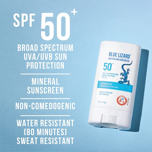 BLUE LIZARD Sensitive Mineral Sunscreen Stick with Zinc Oxide, SPF 50+, Water Resistant, UVA UVB Protection Easy to Apply, Fragrance Free, 0.5 Oz