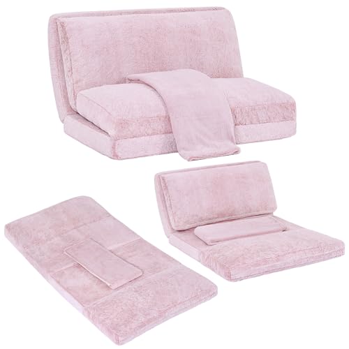 Furlide Foldable Bean Bag Bed, Folding Sofa Bed with Blanket, Foam Filling Wall Sofa Bed, Faux Fur Sleeper Sofa Couch Bed for Bedroom/Living Room/Balcony (Pink)