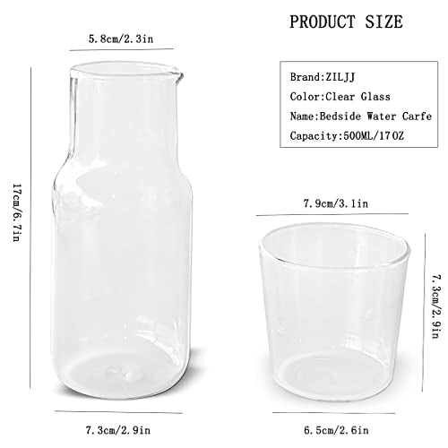 Bedside Water Carafe Set with Tumbler Glass Set for Bedroom Nightstand, Glass Mouthwash Bottle for Bathroom,Household Glass Juice Water Pitcher,Cold Water Bottle with Cup Set,17.5 oz/500ml (Clear)