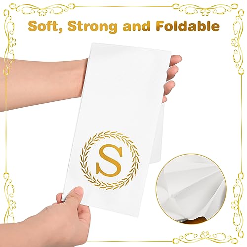 100 Gold Monogram Disposable Dinner Napkins - Letter S Paper Napkins Decorative, Custom Napkins for Guest, Monogrammed Hand Towels for Bathroom Wedding Birthday Party Baby Shower