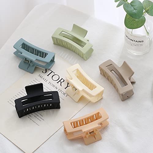 6 Pack Square Claw Clips for Women Girls, 3.5" Medium Non-slip Rectangular Matte Claws Strong Jumbo Hair Styling Accessories for Thin Hair