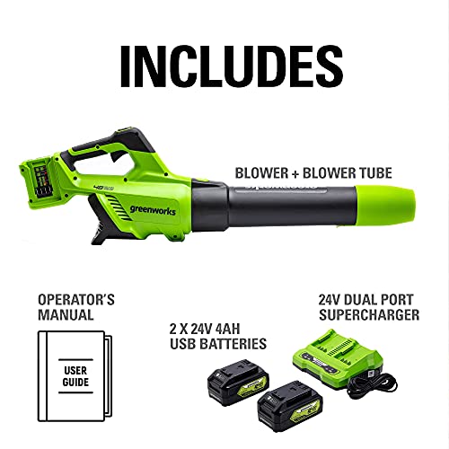 Greenworks 48V (2 x 24V) Brushless Cordless Axial Blower (140 MPH / 585 CFM), (2) 4.0Ah USB Batteries (USB Hub) and Dual Port Rapid Charger Included)
