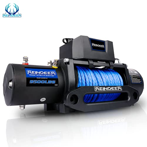 REINDEER New 12V Winch 9500 lb Load Capacity Electric Winch Synthetic Rope with Hawse Fairlead Waterproof IP67 with Wireless Remotes