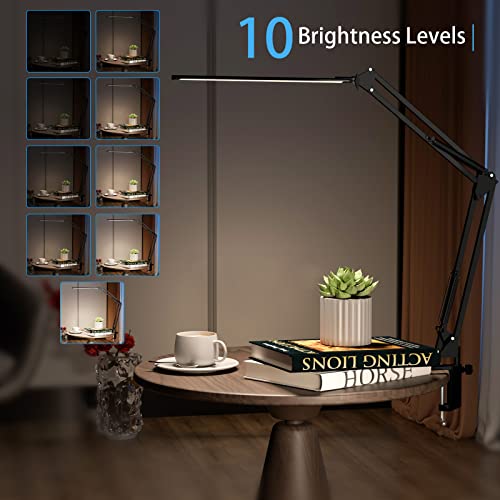 LED Desk Lamp, brightower Adjustable Swing Arm Table Lamp with Clamp, Eye-Caring Architect Desk Light, Dimmable Lamp for Home Office with USB,3 Lighting Modes with 10 Brightness Levels,12W (Black)