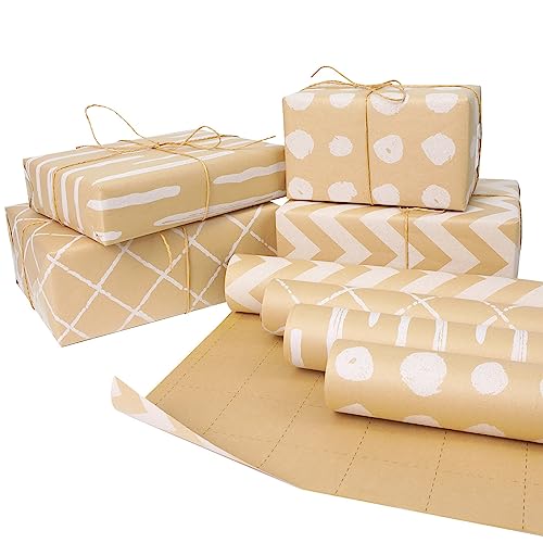 ZCOINS 4 Rolls of Kraft Wrapping Paper - 17" x 33 ft per Roll, Recyclable Gift DIY Wrapping Paper with Flax Strings and Tape for Kids Women Men Birthday Wedding Bridal Baby Showers Christmas Crafts Holidays