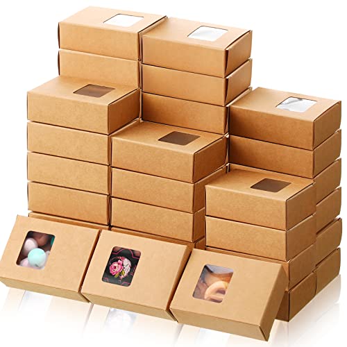 Outus 100 Pcs Soap Boxes with Window Mini Kraft Paper Box Favor Boxes Treat Box Mini Rectangle Gift Boxes Present Packaging Box for Homemade Soap Bakery Candy Wrapping, 3.5 x 2.6 x 1.2 Inch (Brown)