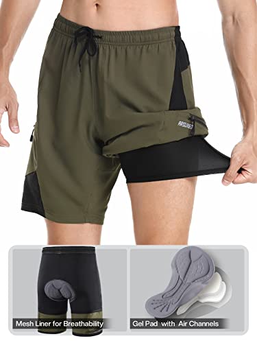 ARSUXEO Mens Mountain Bike Shorts MTB Shorts with Liner Padded Biking Cycling Shorts Loose Fit Lightweight, Army Green, X-Large