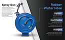 BLUSEAL BSWR5850 Retractable Hose Reel with 5/8" x 50' Hot Water Rubber Hose, 6' Lead-in, 500 PSI, Brass Fittings, Swivel Mount Hose Reel, 9 Pattern Spray Nozzle