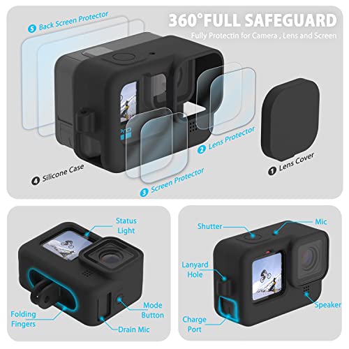 FitStill Silicone Sleeve Case for Go Pro Hero12 /Hero11 /Hero 10 /Hero 9 Black, Battery Side Cover & Lens Caps & Screen Protectors & Lanyard for Go Pro Hero 12/11 /10/9 Black Accessories Kit