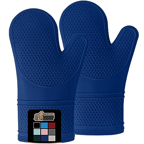 Gorilla Grip Heat and Slip Resistant Silicone Oven Mitts Set, Soft Cotton Lining, Waterproof, BPA-Free, Long Flexible Thick Gloves for Cooking, BBQ, Kitchen Mitt Potholders, 12.5 in, Blue