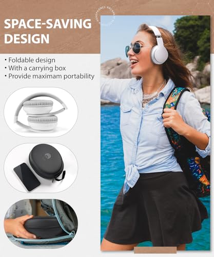 Rockpapa E7 Wireless Headphones Over Ear, Kids Bluetooth Headphones with Microphone, Foldable Hi-Fi Stereo, Wireless Wired Headphones for Phone/PC/TV, Include Travel Case(White Grey)